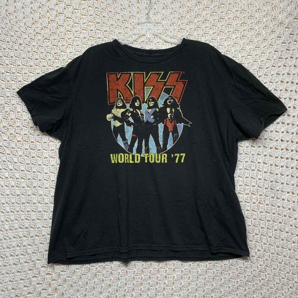 Kiss‎ Rock Band Tee World Tour '77 Reprint Music Merch Shirt Adult 2XL  Black